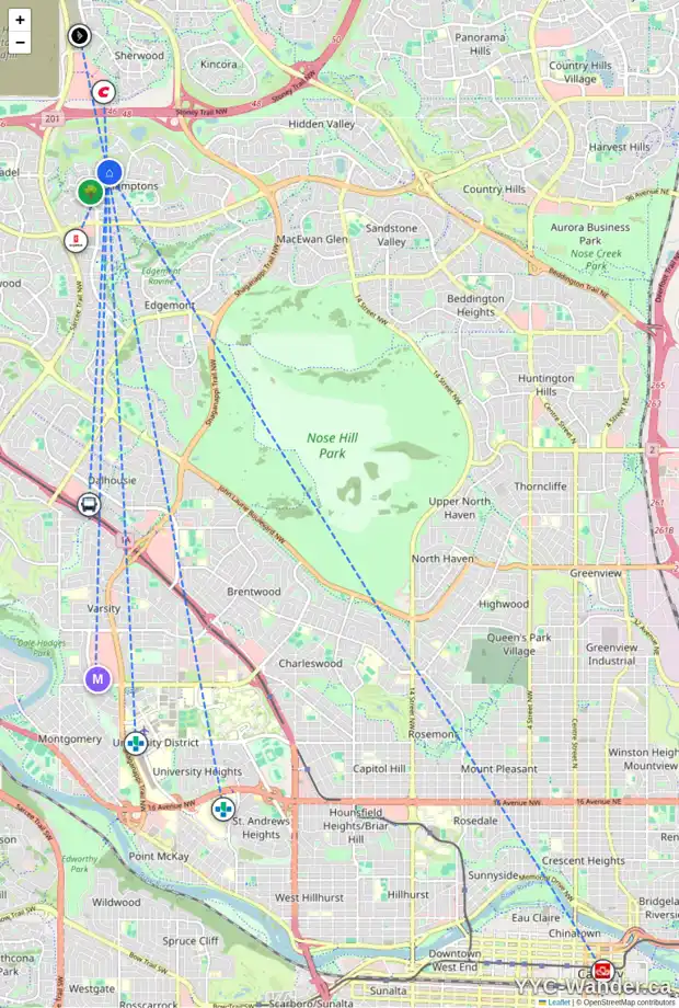 Daily accessibility map for 137 HAMPTONS CI NW, Calgary showing nearby schools, grocery stores, parks, LRT stations and nearby amenities