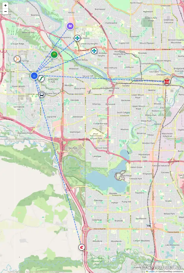 Daily accessibility map for 75 STRATHRIDGE GD SW, Calgary showing nearby schools, grocery stores, parks, LRT stations and nearby amenities