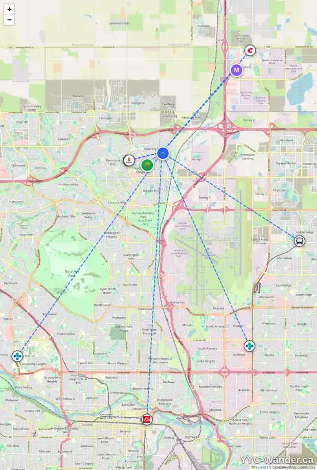 Daily accessibility map for 351 COVEWOOD PA NE, Calgary showing nearby schools, grocery stores, parks, LRT stations and nearby amenities