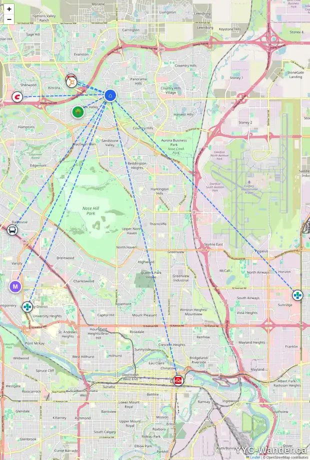 Daily accessibility map for 138 HIDDEN CREEK PA NW, Calgary showing nearby schools, grocery stores, parks, LRT stations and nearby amenities