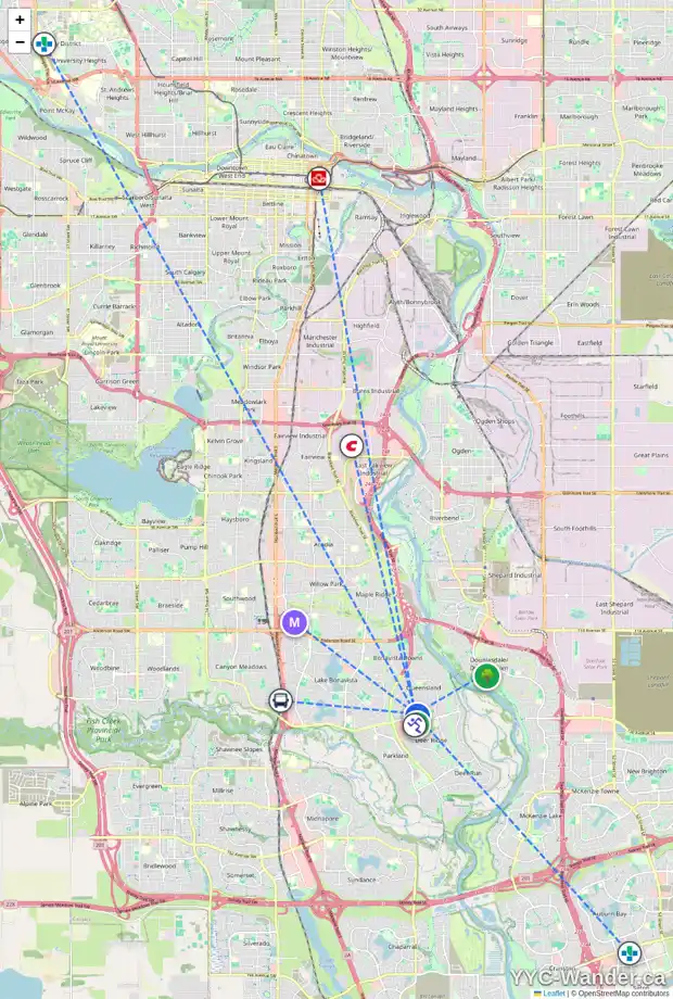 Daily accessibility map for 319 QUEENSLAND RD SE, Calgary showing nearby schools, grocery stores, parks, LRT stations and nearby amenities