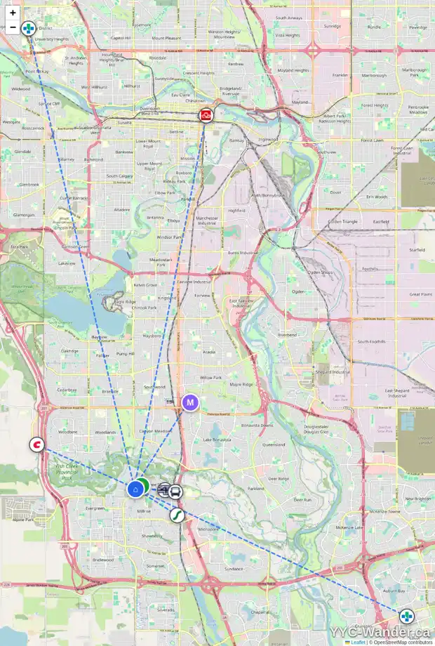 Daily accessibility map for 14314 EVERGREEN ST SW, Calgary showing nearby schools, grocery stores, parks, LRT stations and nearby amenities