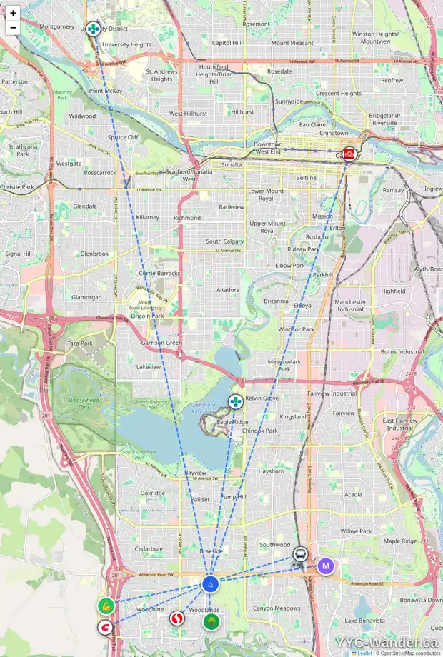 Daily accessibility map for 532 WOODPARK CR SW, Calgary showing nearby schools, grocery stores, parks, LRT stations and nearby amenities