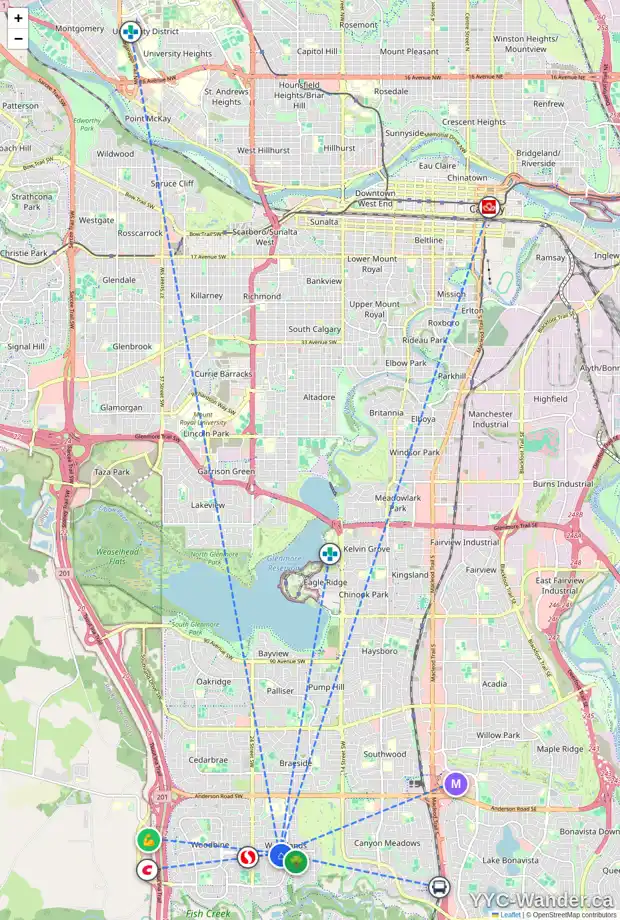Daily accessibility map for 2185 WOODVIEW DR SW, Calgary showing nearby schools, grocery stores, parks, LRT stations and nearby amenities