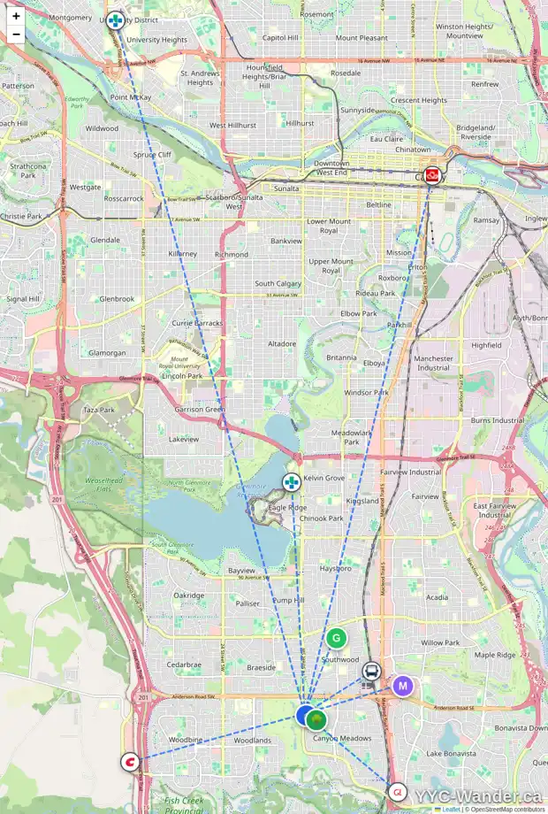 Daily accessibility map for 224 CANTER PL SW, Calgary showing nearby schools, grocery stores, parks, LRT stations and nearby amenities
