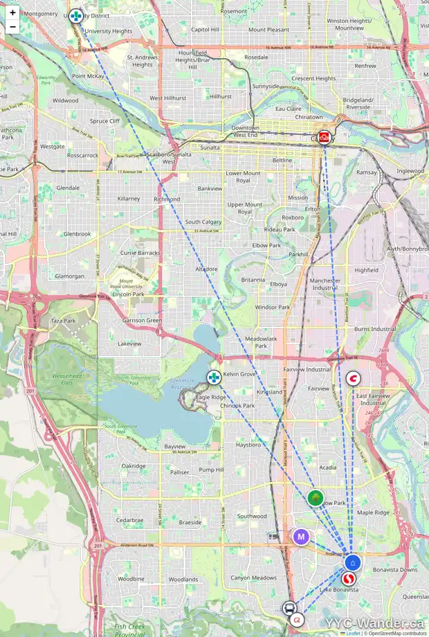 Daily accessibility map for 16 LAKE EMERALD RD SE, Calgary showing nearby schools, grocery stores, parks, LRT stations and nearby amenities