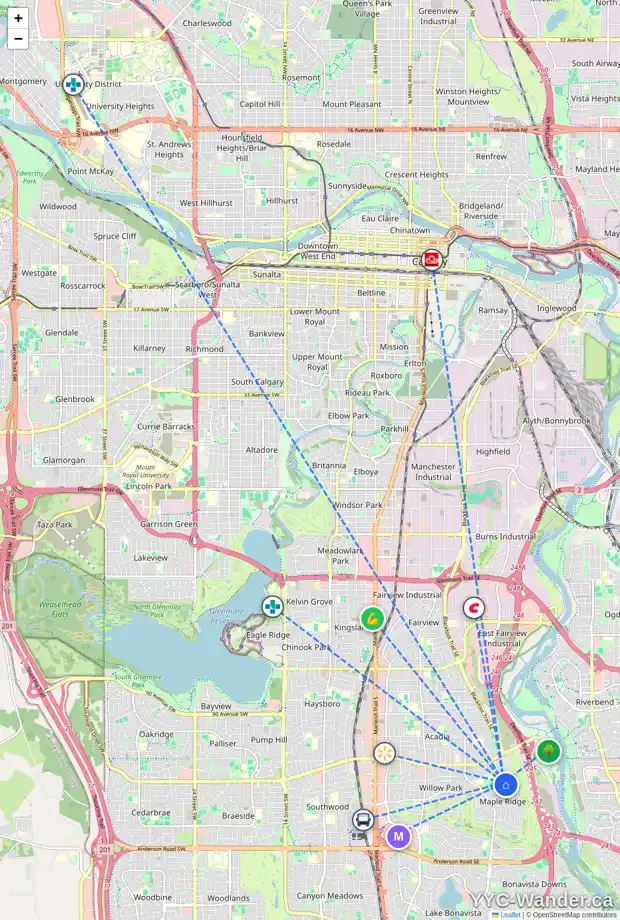 Daily accessibility map for 10427 MAPLERIDGE CR SE, Calgary showing nearby schools, grocery stores, parks, LRT stations and nearby amenities