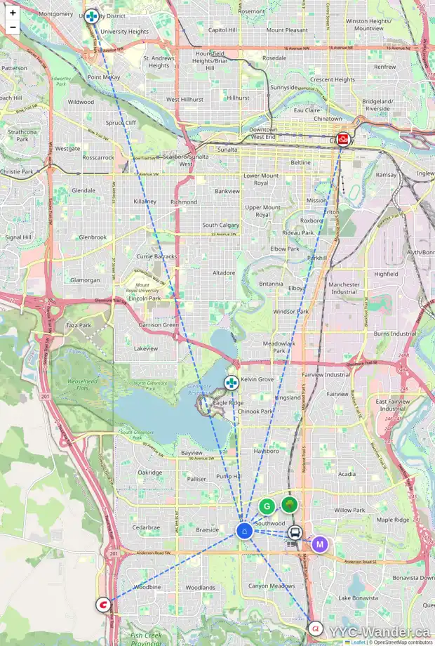Daily accessibility map for 1420 109 AV SW, Calgary showing nearby schools, grocery stores, parks, LRT stations and nearby amenities