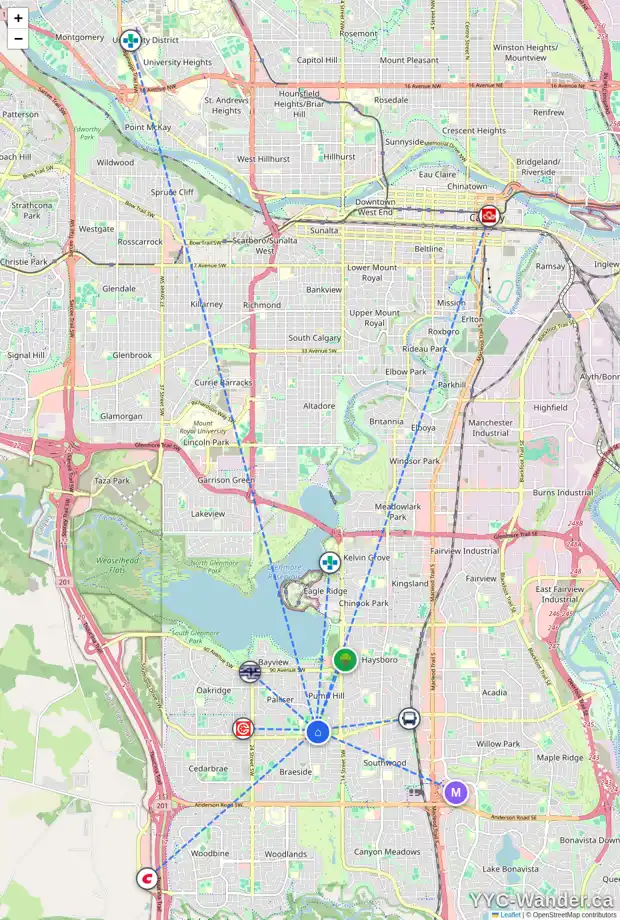 Daily accessibility map for 132 PUMP HILL GR SW, Calgary showing nearby schools, grocery stores, parks, LRT stations and nearby amenities