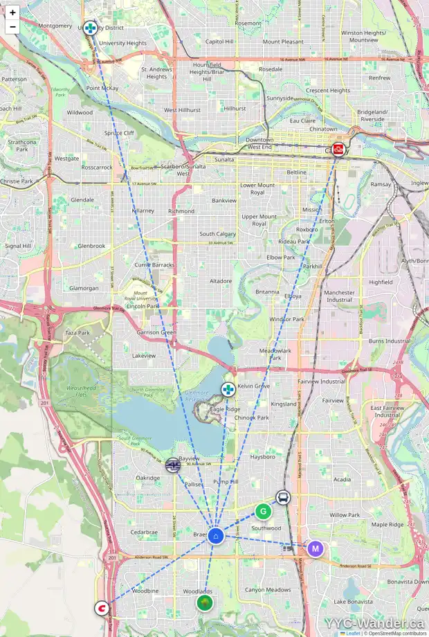 Daily accessibility map for 11003 BRAESIDE DR SW, Calgary showing nearby schools, grocery stores, parks, LRT stations and nearby amenities