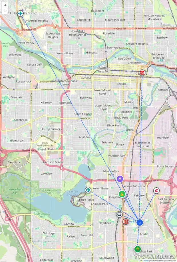 Daily accessibility map for 8844 FAIRMOUNT DR SE, Calgary showing nearby schools, grocery stores, parks, LRT stations and nearby amenities