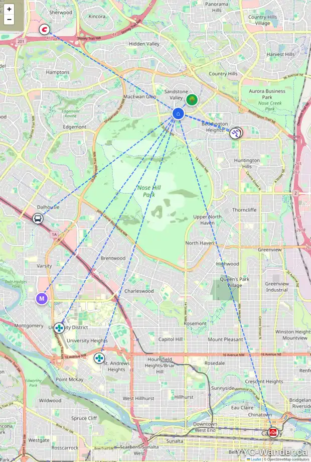 Daily accessibility map for 35 SANDARAC VI NW, Calgary showing nearby schools, grocery stores, parks, LRT stations and nearby amenities