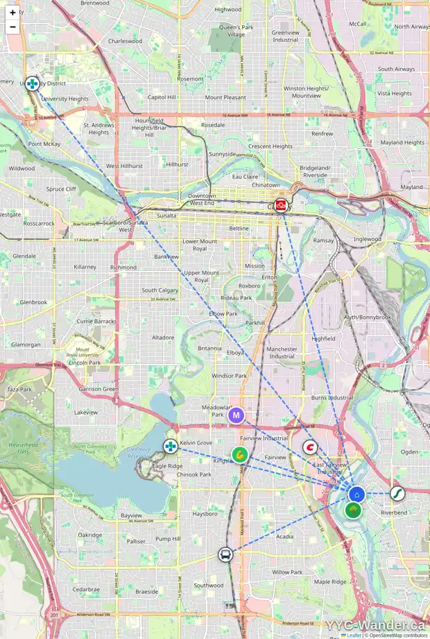 Daily accessibility map for 212 RIVERSIDE ME SE, Calgary showing nearby schools, grocery stores, parks, LRT stations and nearby amenities