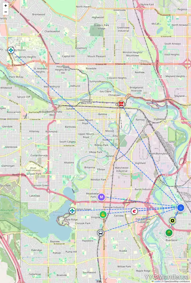Daily accessibility map for 55 LYNNDALE RD SE, Calgary showing nearby schools, grocery stores, parks, LRT stations and nearby amenities