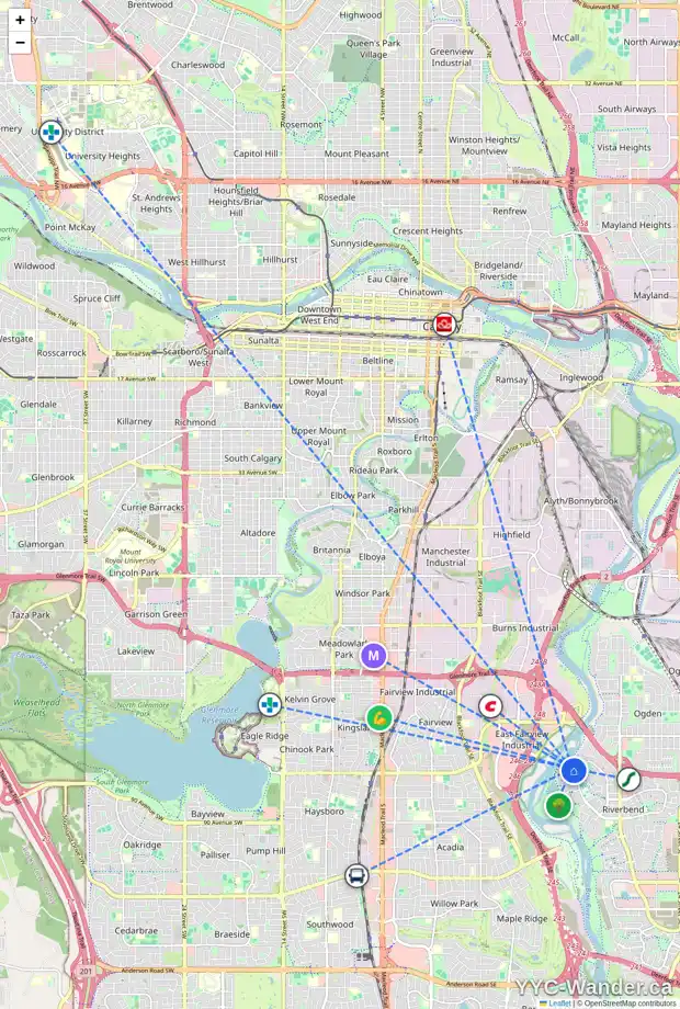 Daily accessibility map for 147 RIVERSIDE ME SE, Calgary showing nearby schools, grocery stores, parks, LRT stations and nearby amenities