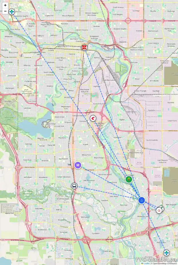 Daily accessibility map for 217 MT DOUGLAS CL SE, Calgary showing nearby schools, grocery stores, parks, LRT stations and nearby amenities