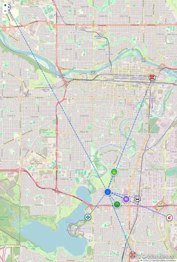 Daily accessibility map for 1028 BEL-AIRE DR SW, Calgary showing nearby schools, grocery stores, parks, LRT stations and nearby amenities