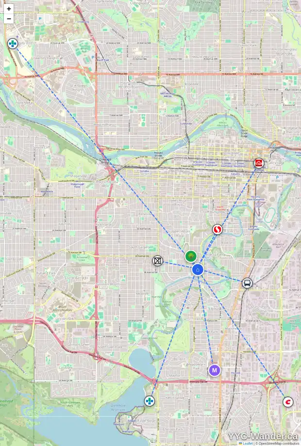 Daily accessibility map for 3818 7 ST SW, Calgary showing nearby schools, grocery stores, parks, LRT stations and nearby amenities