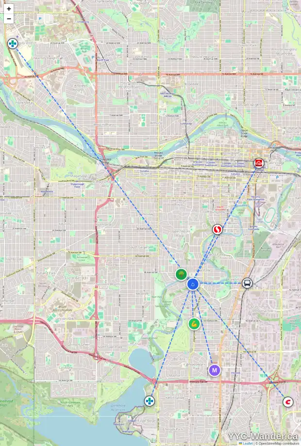 Daily accessibility map for 809 RIVERDALE AV SW, Calgary showing nearby schools, grocery stores, parks, LRT stations and nearby amenities