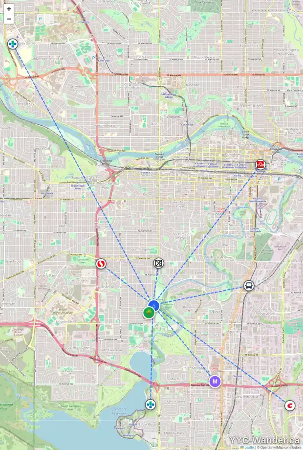 Daily accessibility map for 4604 15 ST SW, Calgary showing nearby schools, grocery stores, parks, LRT stations and nearby amenities