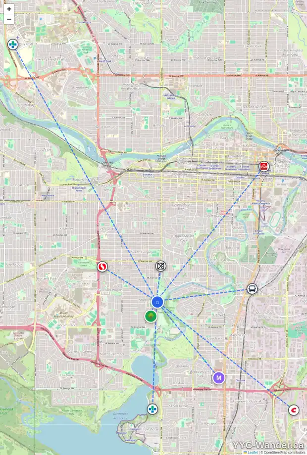 Daily accessibility map for 4407 14A ST SW, Calgary showing nearby schools, grocery stores, parks, LRT stations and nearby amenities