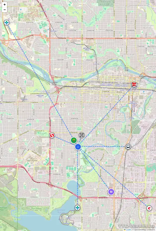 Daily accessibility map for 4111 15 ST SW, Calgary showing nearby schools, grocery stores, parks, LRT stations and nearby amenities