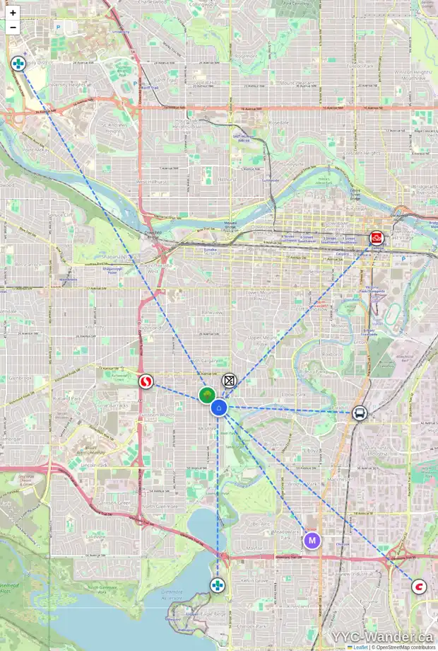 Daily accessibility map for 4015 15 ST SW, Calgary showing nearby schools, grocery stores, parks, LRT stations and nearby amenities