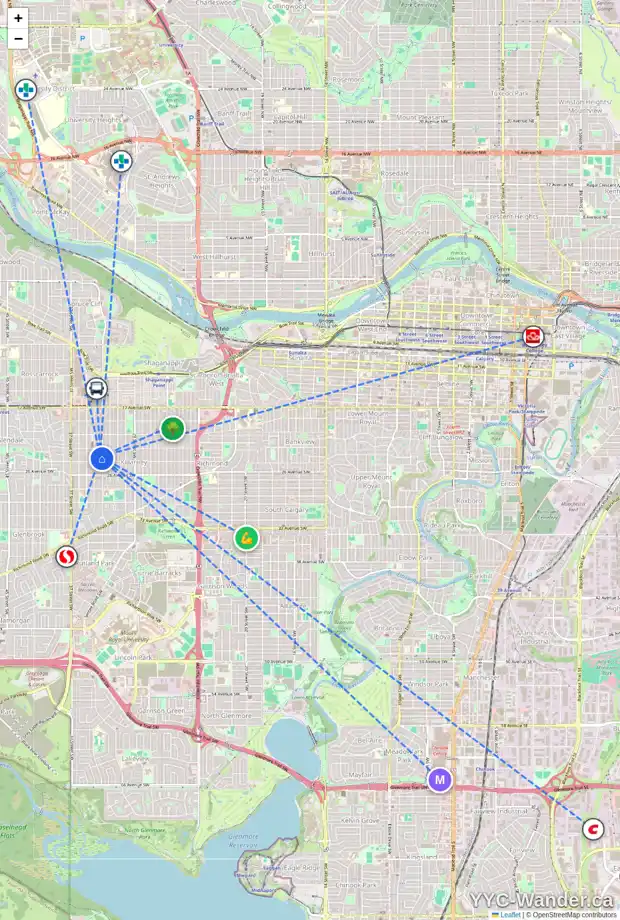 Daily accessibility map for 2425 33 ST SW, Calgary showing nearby schools, grocery stores, parks, LRT stations and nearby amenities