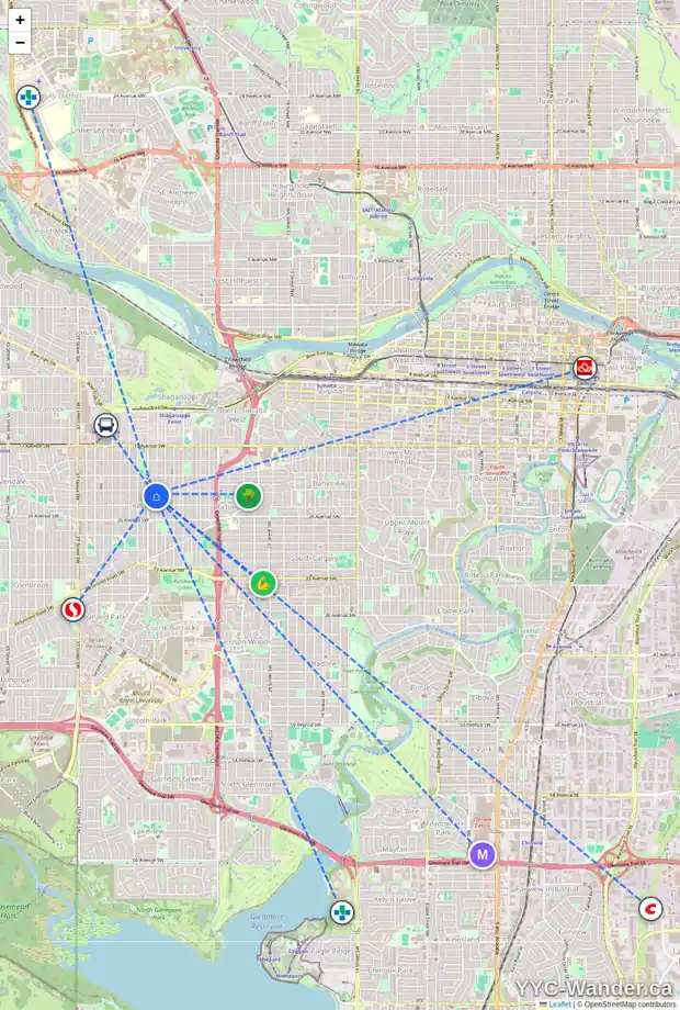 Daily accessibility map for 2409D 28 ST SW, Calgary showing nearby schools, grocery stores, parks, LRT stations and nearby amenities