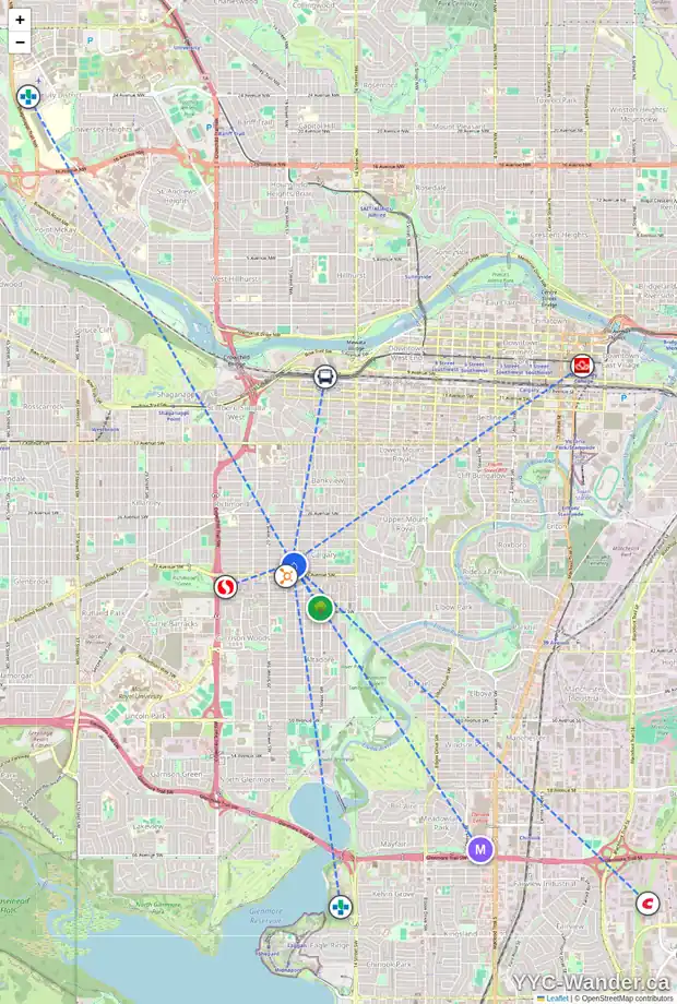 Daily accessibility map for 1916 32 AV SW, Calgary showing nearby schools, grocery stores, parks, LRT stations and nearby amenities