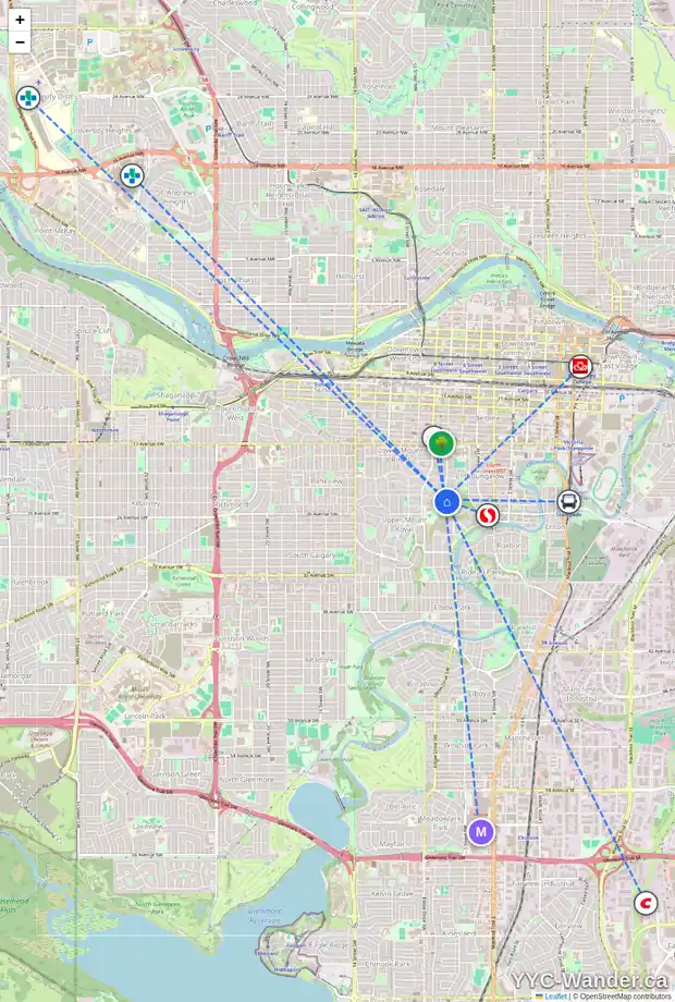 Daily accessibility map for 803 PROSPECT AV SW, Calgary showing nearby schools, grocery stores, parks, LRT stations and nearby amenities