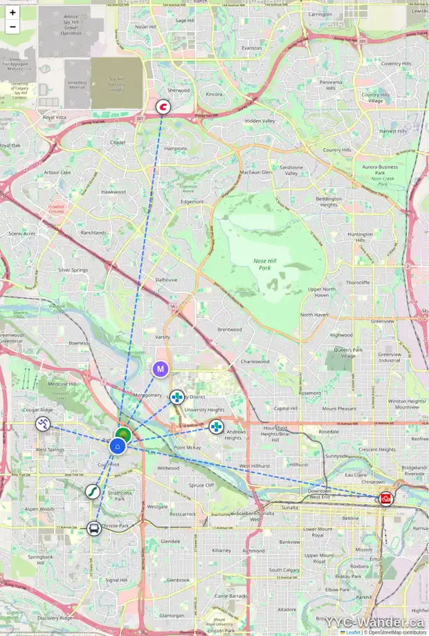 Daily accessibility map for 36 PROMINENCE PA SW, Calgary showing nearby schools, grocery stores, parks, LRT stations and nearby amenities