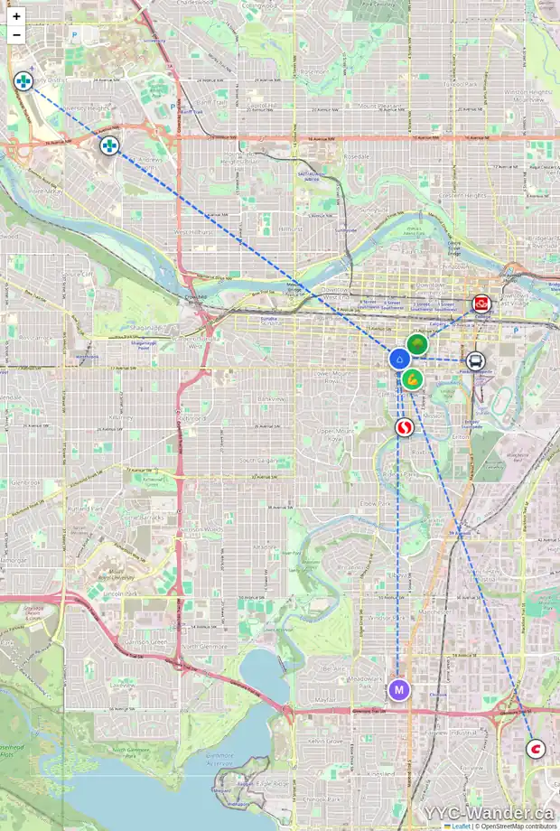Daily accessibility map for 803 1414 5 ST SW, Calgary showing nearby schools, grocery stores, parks, LRT stations and nearby amenities