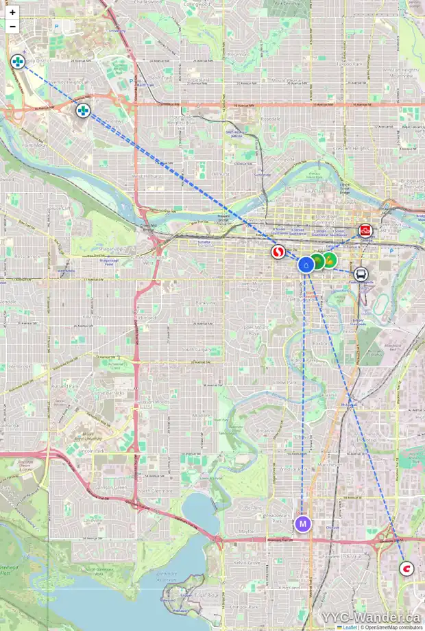 Daily accessibility map for 505 525 13 AV SW, Calgary showing nearby schools, grocery stores, parks, LRT stations and nearby amenities