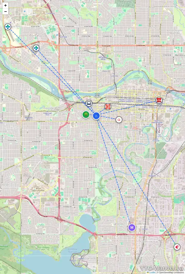 Daily accessibility map for 1515 14 AV SW, Calgary showing nearby schools, grocery stores, parks, LRT stations and nearby amenities