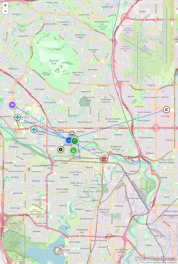 Daily accessibility map for 414 1505 8 AV NW, Calgary showing nearby schools, grocery stores, parks, LRT stations and nearby amenities