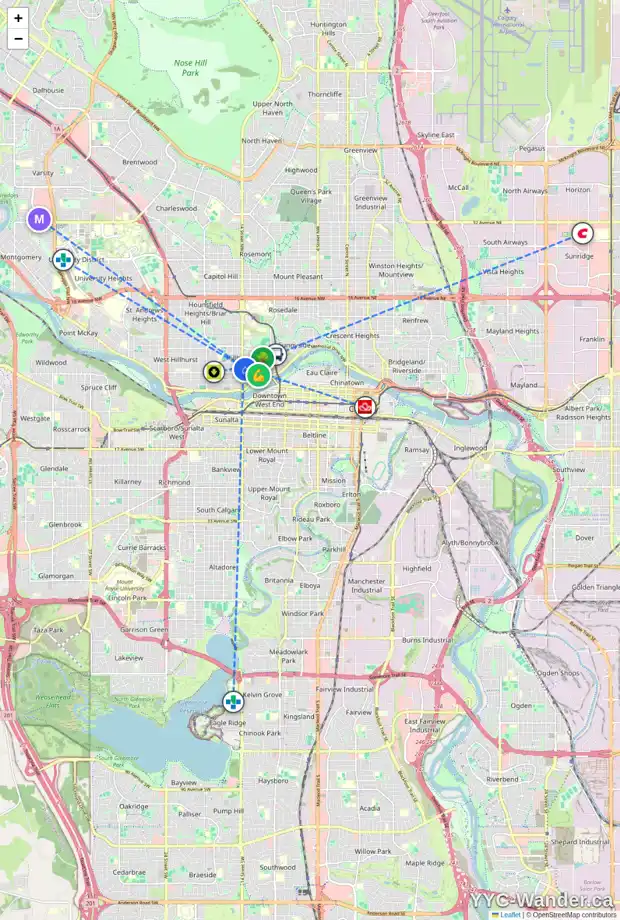 Daily accessibility map for 304 314 14 ST NW, Calgary showing nearby schools, grocery stores, parks, LRT stations and nearby amenities