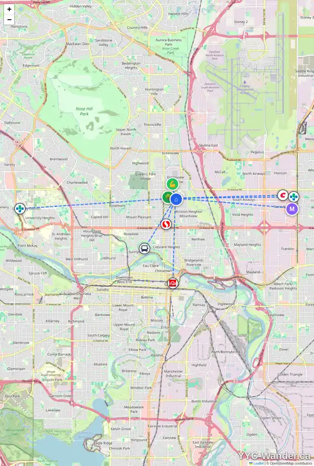 Daily accessibility map for 332 28 AV NE, Calgary showing nearby schools, grocery stores, parks, LRT stations and nearby amenities