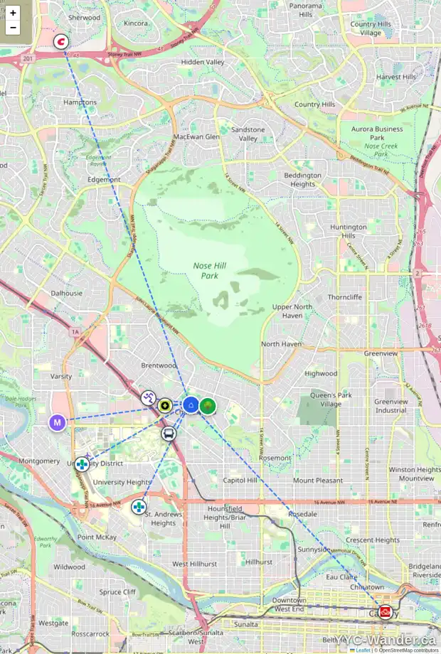 Daily accessibility map for 2416 CHICOUTIMI DR NW, Calgary showing nearby schools, grocery stores, parks, LRT stations and nearby amenities