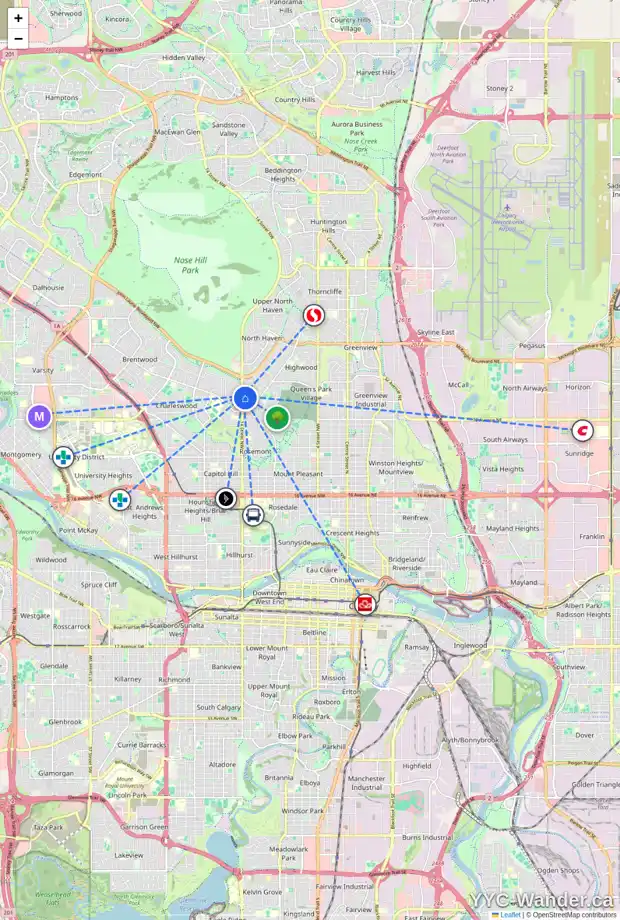Daily accessibility map for 3808 14 ST NW, Calgary showing nearby schools, grocery stores, parks, LRT stations and nearby amenities
