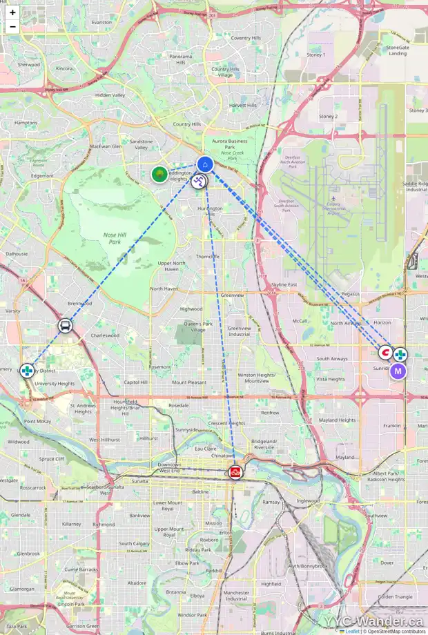 Daily accessibility map for 8520 CENTRE ST NE, Calgary showing nearby schools, grocery stores, parks, LRT stations and nearby amenities
