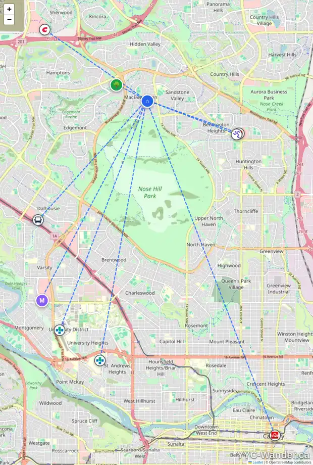 Daily accessibility map for 19 MACEWAN PARK WY NW, Calgary showing nearby schools, grocery stores, parks, LRT stations and nearby amenities