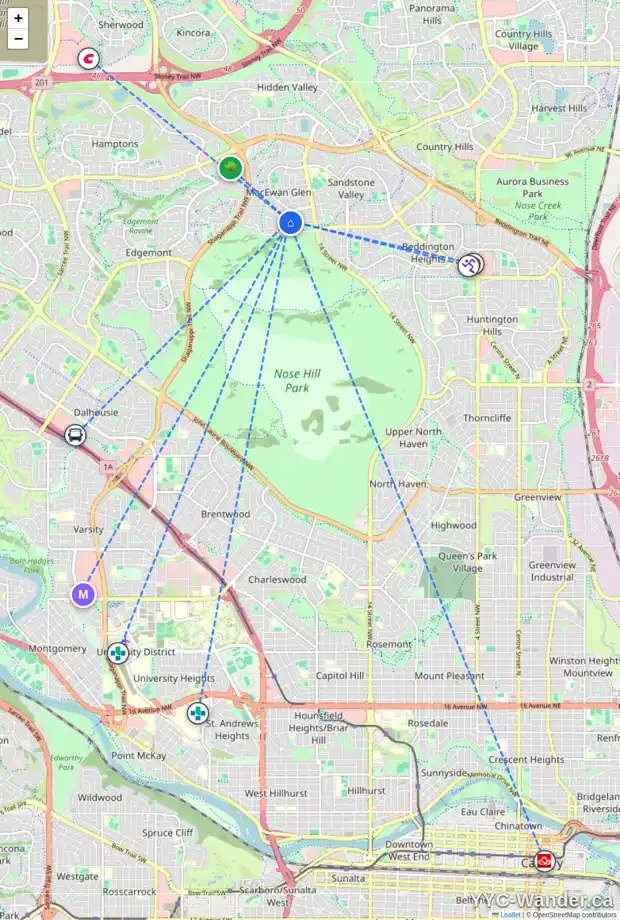 Daily accessibility map for 268 MACEWAN GLEN PL NW, Calgary showing nearby schools, grocery stores, parks, LRT stations and nearby amenities