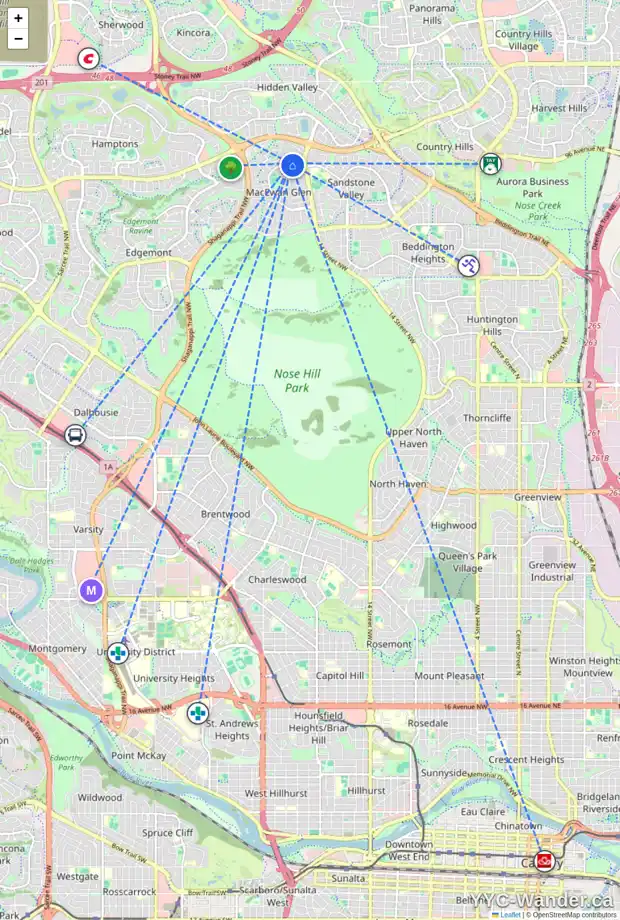 Daily accessibility map for 165 MACEWAN VALLEY RD NW, Calgary showing nearby schools, grocery stores, parks, LRT stations and nearby amenities