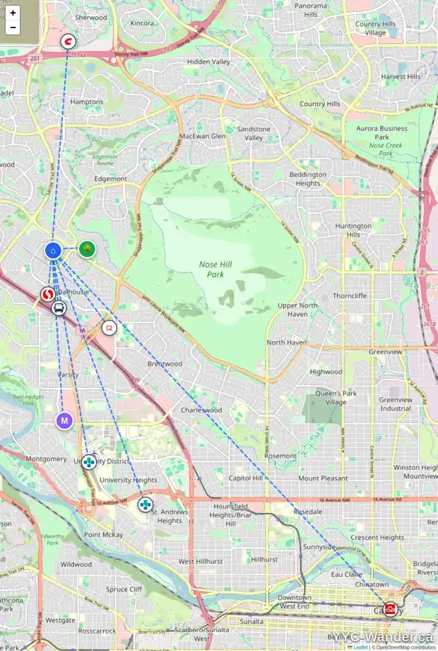 Daily accessibility map for 5912 DALHOUSIE DR NW, Calgary showing nearby schools, grocery stores, parks, LRT stations and nearby amenities