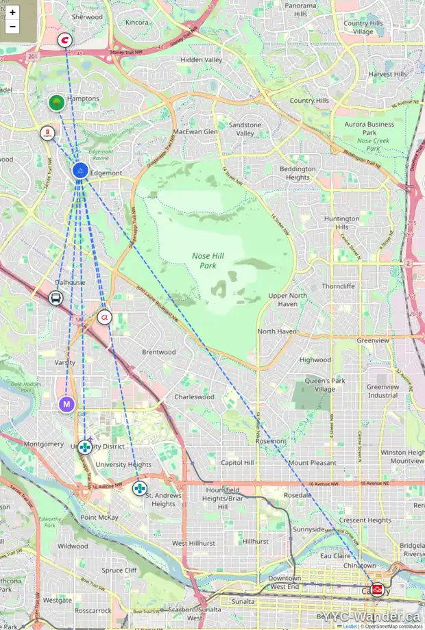 Daily accessibility map for 94 EDGEVIEW DR NW, Calgary showing nearby schools, grocery stores, parks, LRT stations and nearby amenities