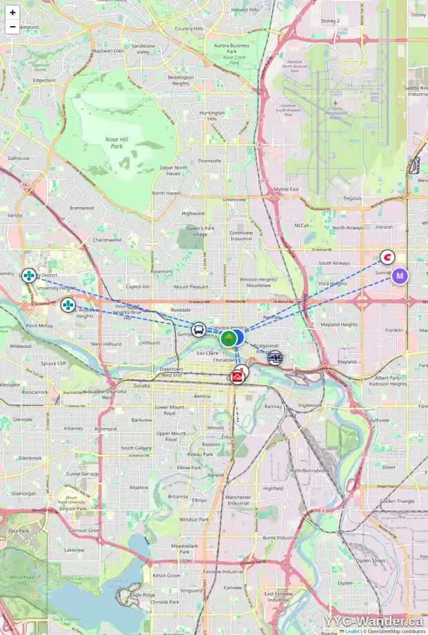 Daily accessibility map for 403 234 5 AV NE, Calgary showing nearby schools, grocery stores, parks, LRT stations and nearby amenities