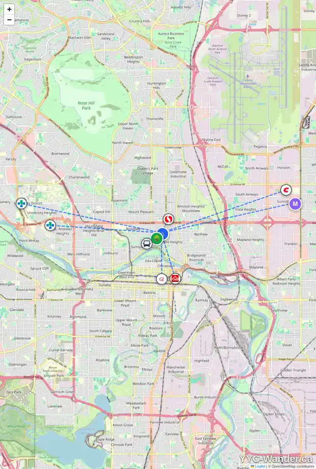 Daily accessibility map for 201 12 AV NW, Calgary showing nearby schools, grocery stores, parks, LRT stations and nearby amenities