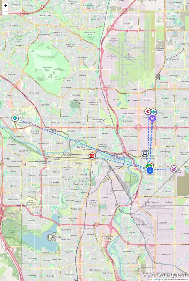 Daily accessibility map for 2007 COTTONWOOD CR SE, Calgary showing nearby schools, grocery stores, parks, LRT stations and nearby amenities