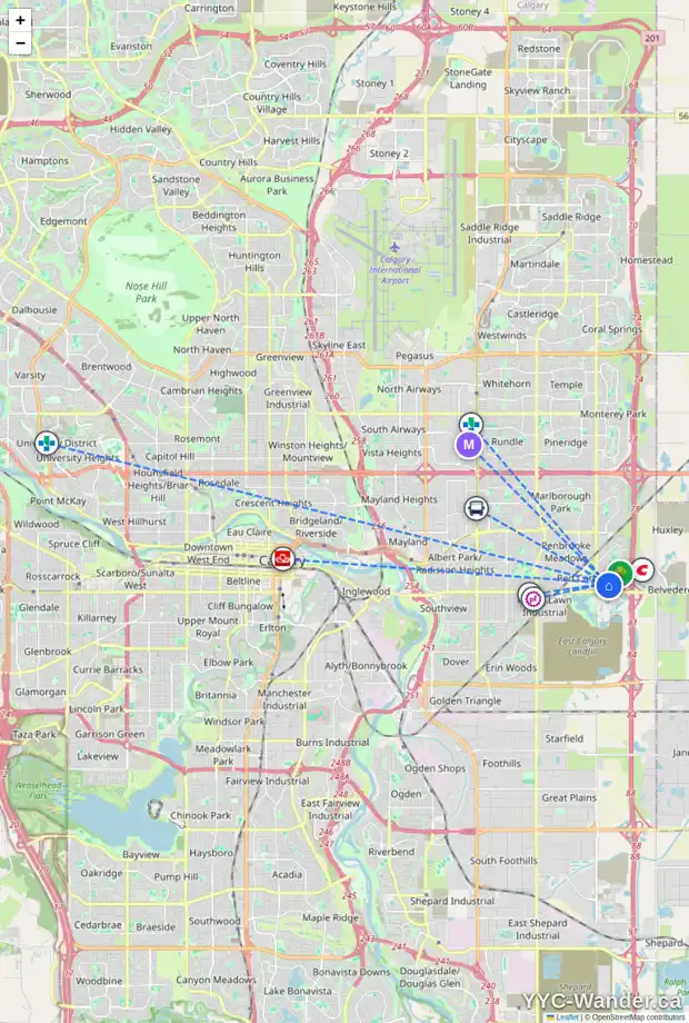 Daily accessibility map for 7048 15 AV SE, Calgary showing nearby schools, grocery stores, parks, LRT stations and nearby amenities